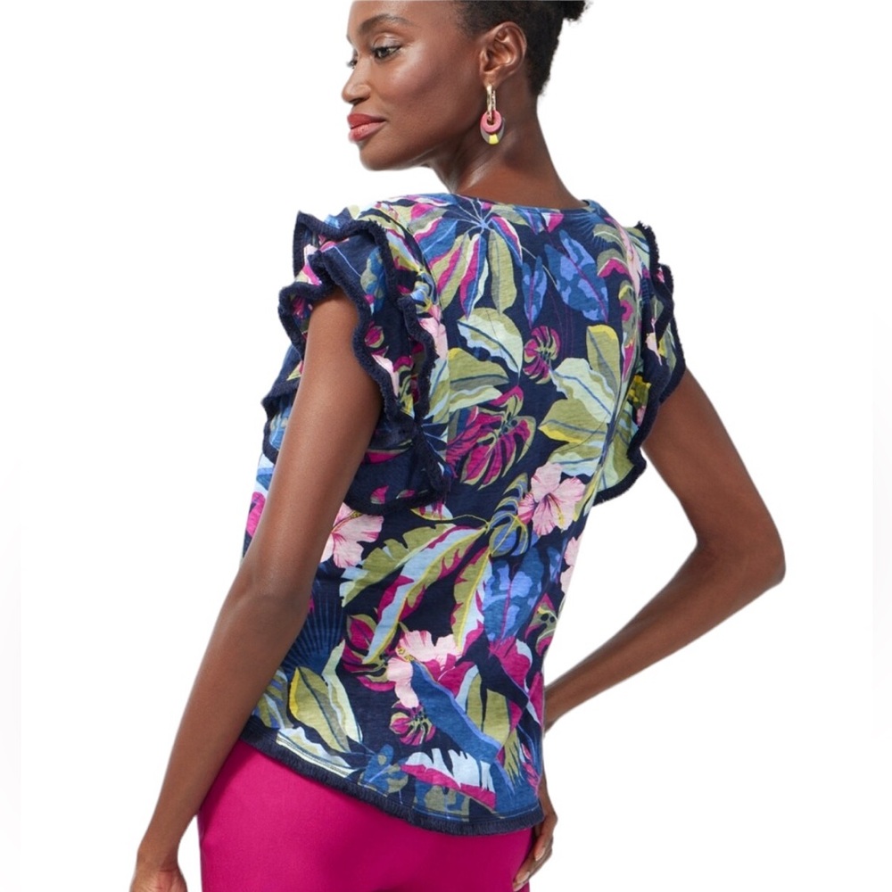 Chico's Tropical Floral Navy Pink Green V-Neck Ruffle Sleeve Blouse - Picture 12 of 15